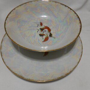 Vtg Akita Beautiful Serving Bowl & Matching platter plate Soaring Birds Gold tri